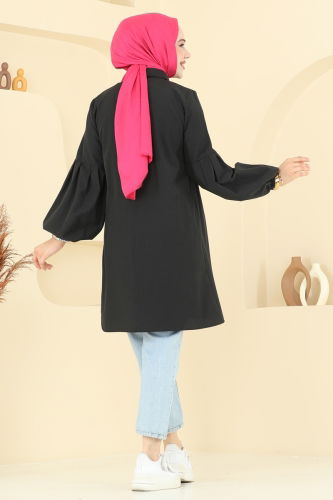 moda selvim Gömlek Yakalı Tunik 3055KTR750 Siyah - Thumbnail