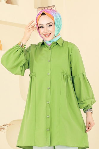 moda selvim Gömlek Yakalı Tunik 3055KTR750 Yağ Yeşili - Thumbnail