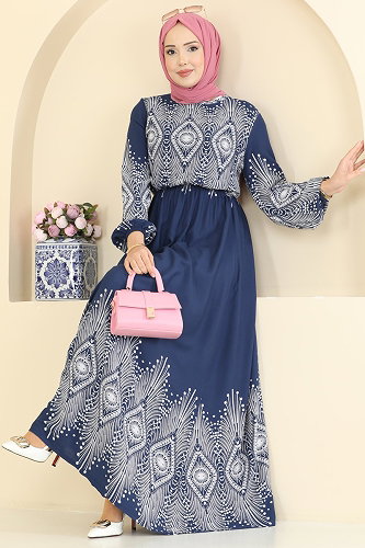 moda selvim Göz Desenli Viskon Elbise 7164BG354 İndigo - Thumbnail