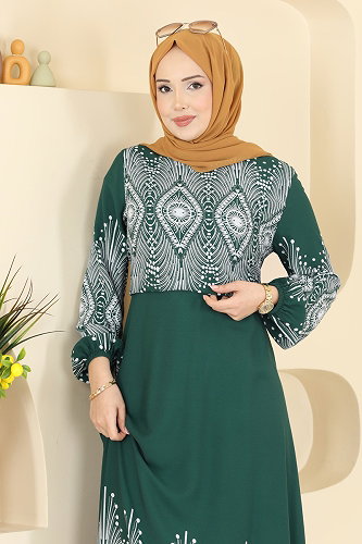 moda selvim Göz Desenli Viskon Elbise 7164BG354 Zümrüt - Thumbnail