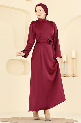 moda selvim Gül Aksesuarlı Saten Elbise 2793AYD574 Bordo - Thumbnail