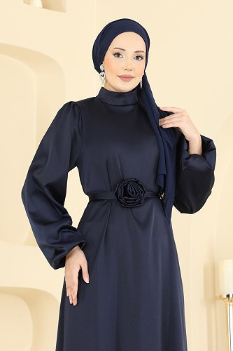 moda selvim Gül Aksesuarlı Saten Elbise 2793AYD574 Laci - Thumbnail