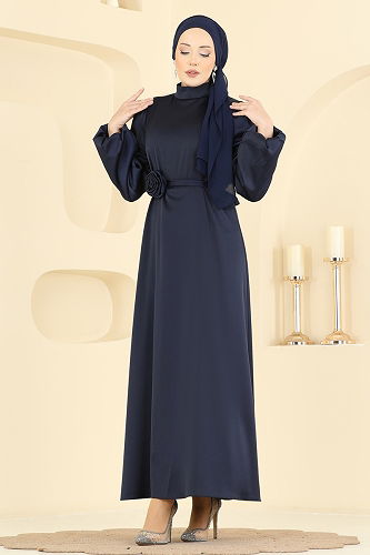 moda selvim Gül Aksesuarlı Saten Elbise 2793AYD574 Laci - Thumbnail