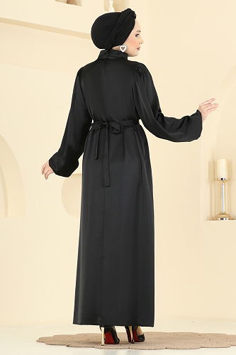 moda selvim Gül Aksesuarlı Saten Elbise 2793AYD574 Siyah - Thumbnail