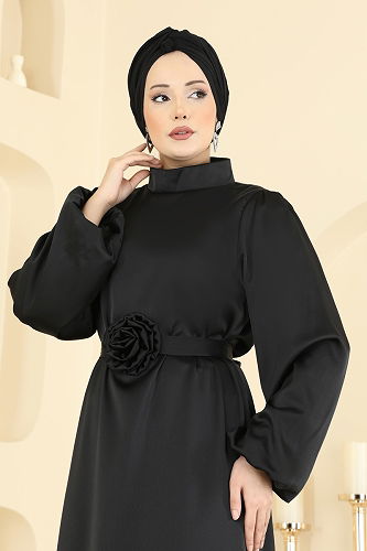 moda selvim Gül Aksesuarlı Saten Elbise 2793AYD574 Siyah - Thumbnail