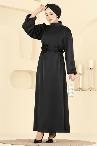 moda selvim Gül Aksesuarlı Saten Elbise 2793AYD574 Siyah - Thumbnail