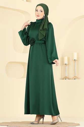 moda selvim Gül Aksesuarlı Saten Elbise 2793AYD574 Zümrüt - Thumbnail