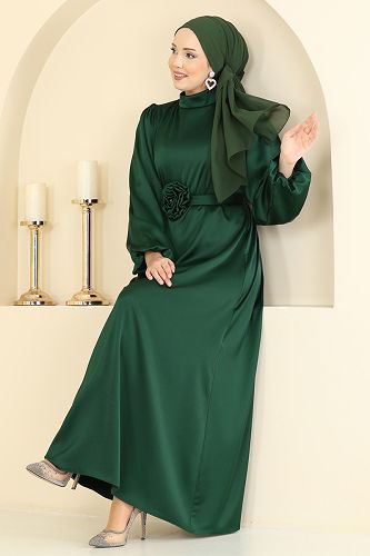 moda selvim Gül Aksesuarlı Saten Elbise 2793AYD574 Zümrüt - Thumbnail