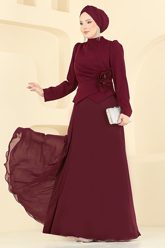 moda selvim Gül Aksesuarlı Şifon Abiye 201DMNK1166 Bordo - Thumbnail