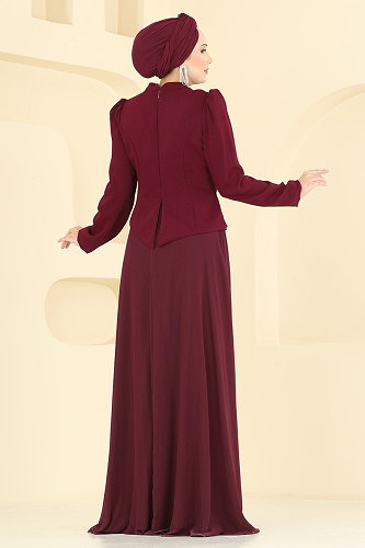 moda selvim Gül Aksesuarlı Şifon Abiye 201DMNK1166 Bordo - Thumbnail