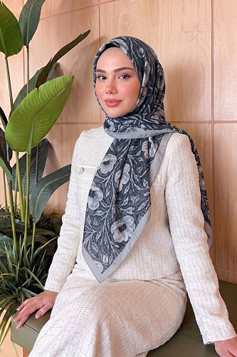 moda selvim Gül Desen Soft Eşarp 522ERBK1201 Gri - Thumbnail