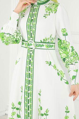 moda selvim Gül Desenli Atlas Elbise 22133JNF844 Yeşil&Ekru - Thumbnail