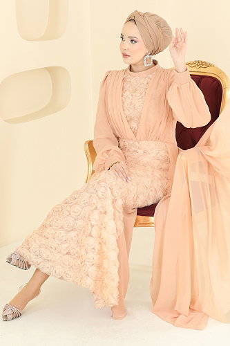 moda selvim Gül Desenli Şifon Abiye 5800EDFK1198 Açık Somon - Thumbnail