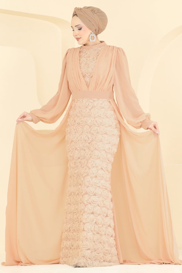 Modaselvim ABİYE Gül Desenli Şifon Abiye 5800EDFK1198 Açık Somon