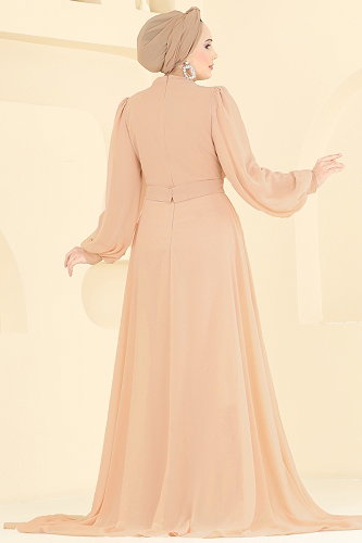 moda selvim Gül Desenli Şifon Abiye 5800EDFK1198 Açık Somon - Thumbnail