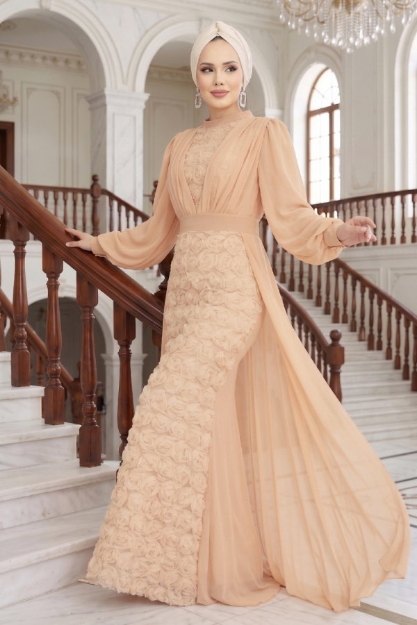 Modaselvim ABİYE Gül Desenli Şifon Abiye 5800EDFK1198 Açık Somon