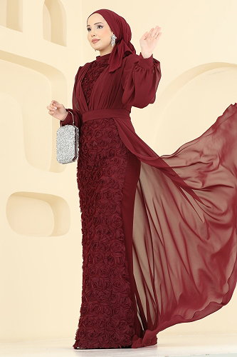 moda selvim Gül Desenli Şifon Abiye 5800EDFK1198 Bordo - Thumbnail