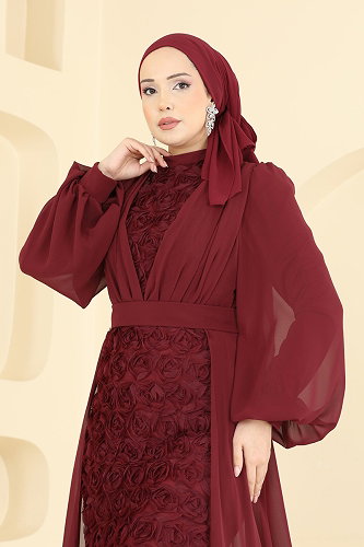moda selvim Gül Desenli Şifon Abiye 5800EDFK1198 Bordo - Thumbnail