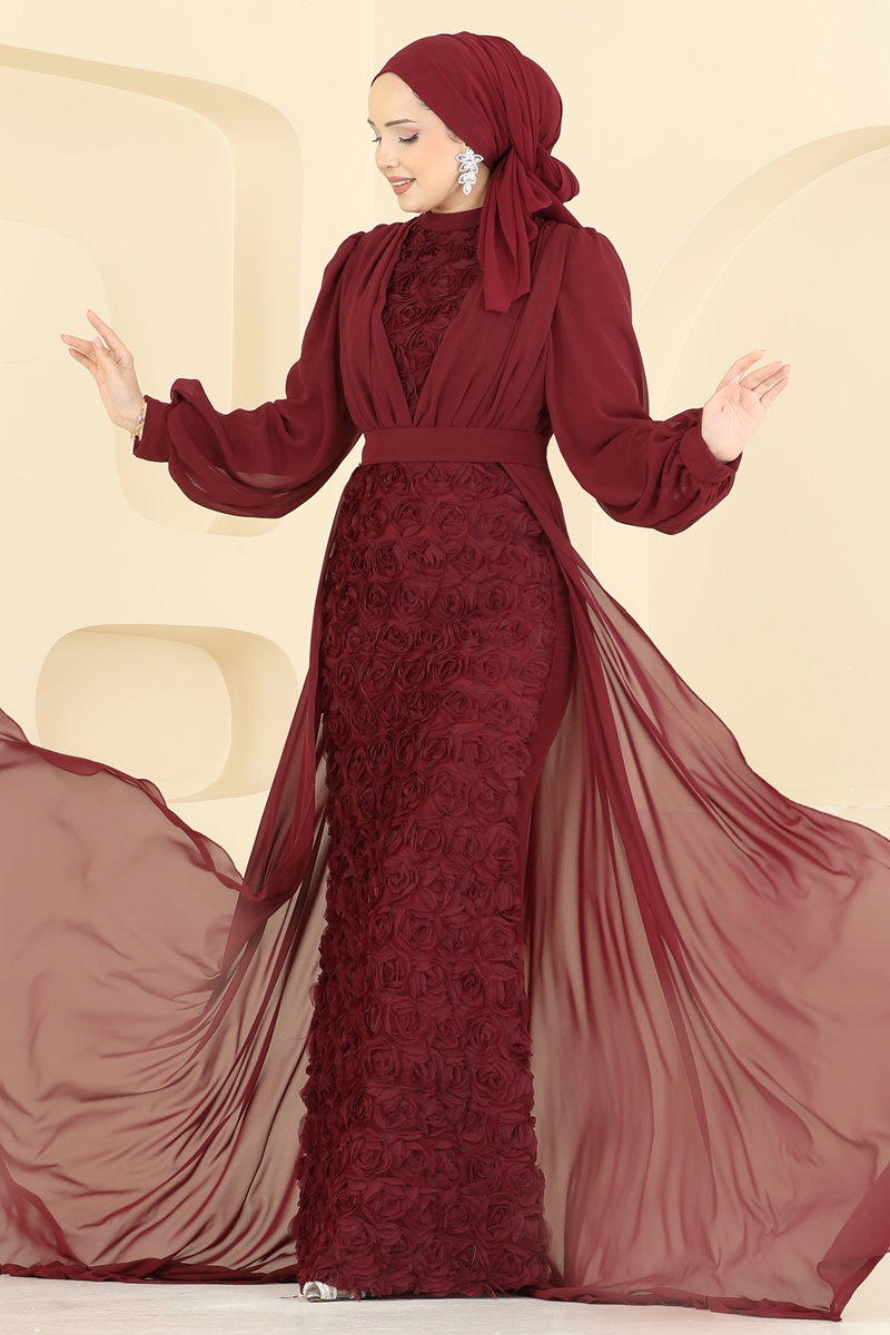 Gül Desenli Şifon Abiye 5800EDFK1198 Bordo