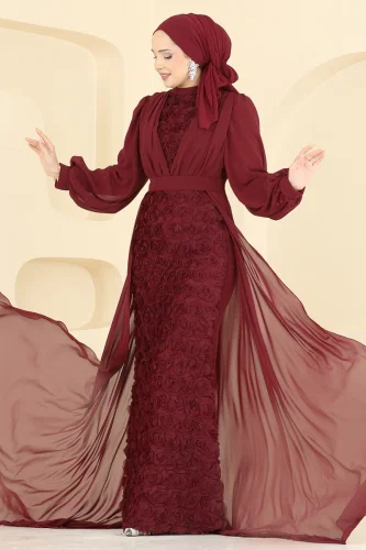 E.D.F.K. - Gül Desenli Şifon Abiye 5800EDFK1198 Bordo