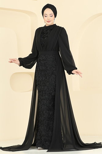 moda selvim Gül Desenli Şifon Abiye 5800EDFK1198 Siyah - Thumbnail