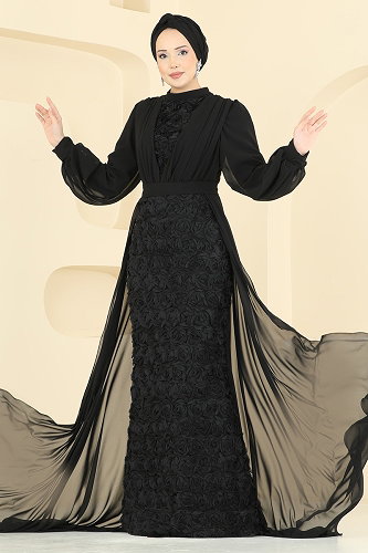 moda selvim Gül Desenli Şifon Abiye 5800EDFK1198 Siyah - Thumbnail