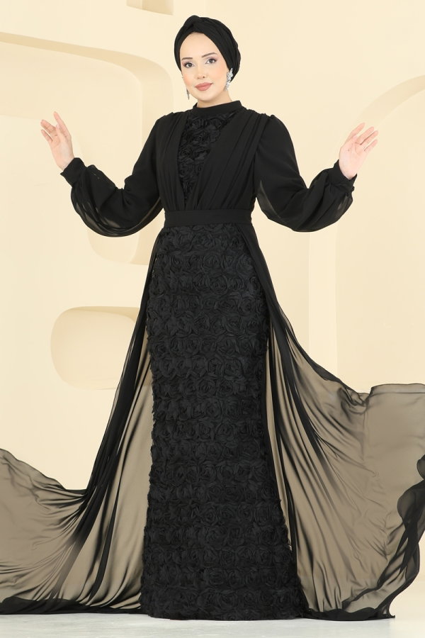 Modaselvim ABİYE Gül Desenli Şifon Abiye 5800EDFK1198 Siyah