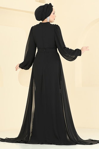 moda selvim Gül Desenli Şifon Abiye 5800EDFK1198 Siyah - Thumbnail