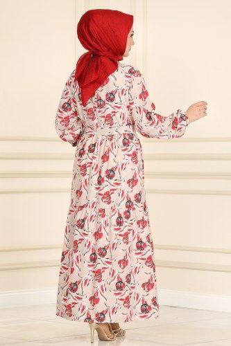 moda selvim Gül Desenli Terikoton Elbise 413BRZ597 Bej - Thumbnail