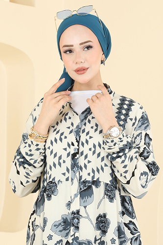 moda selvim Gül Desenli Viskon Elbise 5572ZNNK1102 Antrasit - Thumbnail