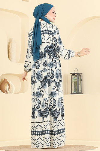 moda selvim Gül Desenli Viskon Elbise 5572ZNNK1102 Antrasit - Thumbnail