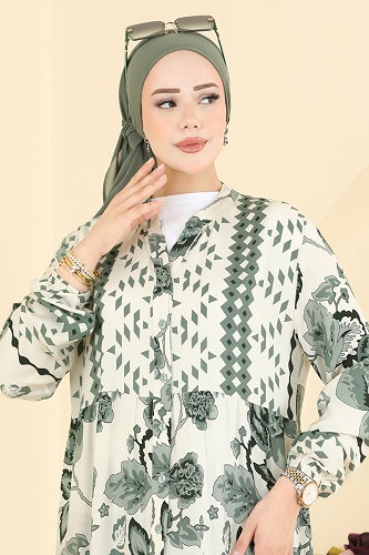 moda selvim Gül Desenli Viskon Elbise 5572ZNNK1102 Çağla - Thumbnail
