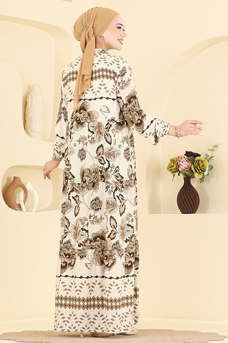 moda selvim Gül Desenli Viskon Elbise 5572ZNNK1102 Kahve - Thumbnail