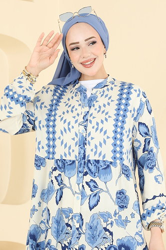 moda selvim Gül Desenli Viskon Elbise 5572ZNNK1102 Mavi - Thumbnail
