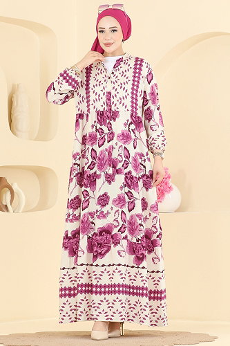 moda selvim Gül Desenli Viskon Elbise 5572ZNNK1102 Mor - Thumbnail