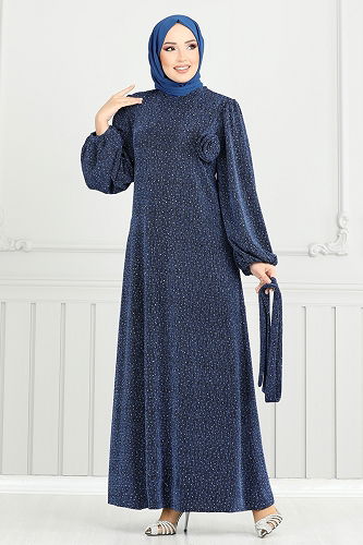 moda selvim Gül Detay Abiye Elbise 5657EDF311 İndigo - Thumbnail