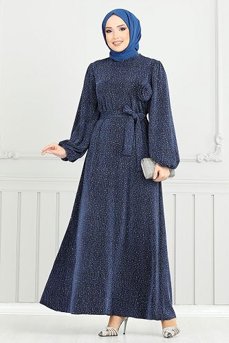 moda selvim Gül Detay Abiye Elbise 5657EDF311 İndigo - Thumbnail