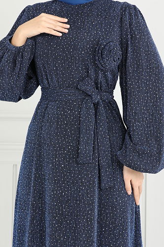 moda selvim Gül Detay Abiye Elbise 5657EDF311 İndigo - Thumbnail