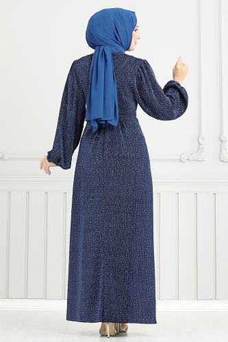 moda selvim Gül Detay Abiye Elbise 5657EDF311 İndigo - Thumbnail
