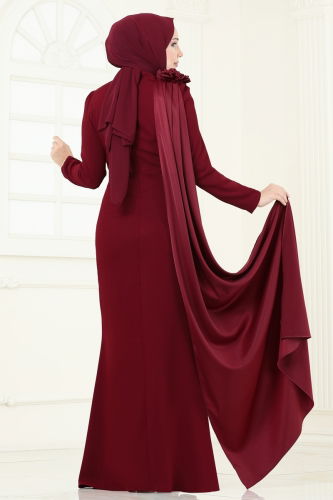 moda selvim Gül Detay Abiye Elbise 6227BSK463 Bordo - Thumbnail