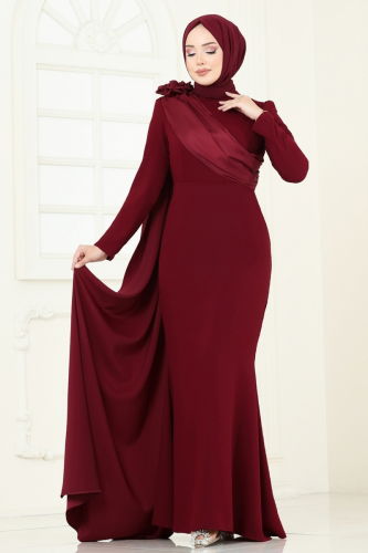 moda selvim Gül Detay Abiye Elbise 6227BSK463 Bordo - Thumbnail