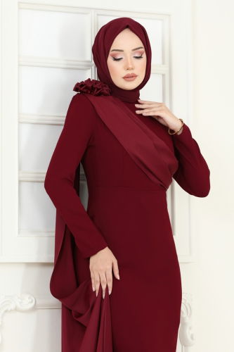 moda selvim Gül Detay Abiye Elbise 6227BSK463 Bordo - Thumbnail