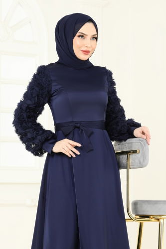 moda selvim Gül Detay Saten Abiye 5679EDF311 Laci - Thumbnail