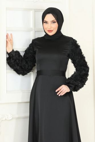 moda selvim Gül Detay Saten Abiye 5679EDF311 Siyah - Thumbnail