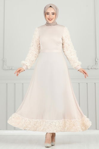 moda selvim Gül Detay Saten Abiye 5679EDF311 Taş - Thumbnail