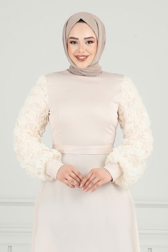 moda selvim Gül Detay Saten Abiye 5679EDF311 Taş - Thumbnail