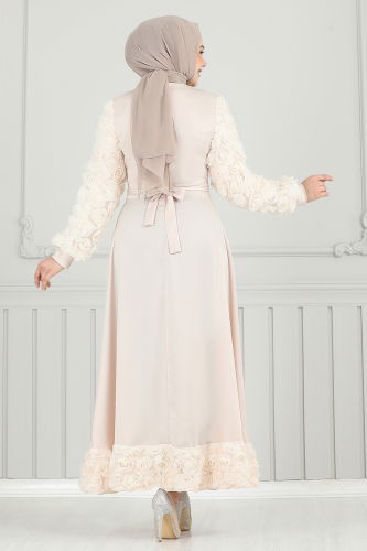 moda selvim Gül Detay Saten Abiye 5679EDF311 Taş - Thumbnail