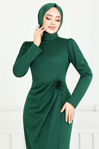 moda selvim Gül Detay Şık Elbise 0401ALG1079-M Zümrüt - Thumbnail