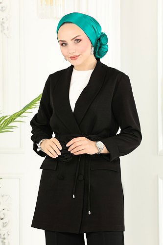 moda selvim Gül Detaylı Dabıl Takım 9047MDH809 Siyah - Thumbnail