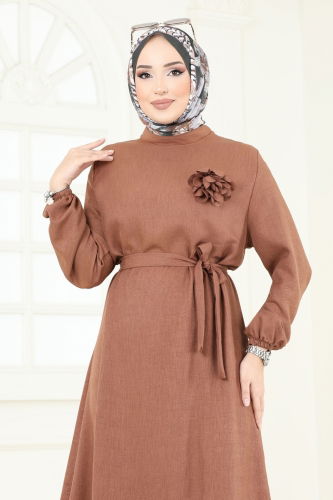 moda selvim Gül Detaylı Elbise 801OZN1046 Açık Kahve - Thumbnail